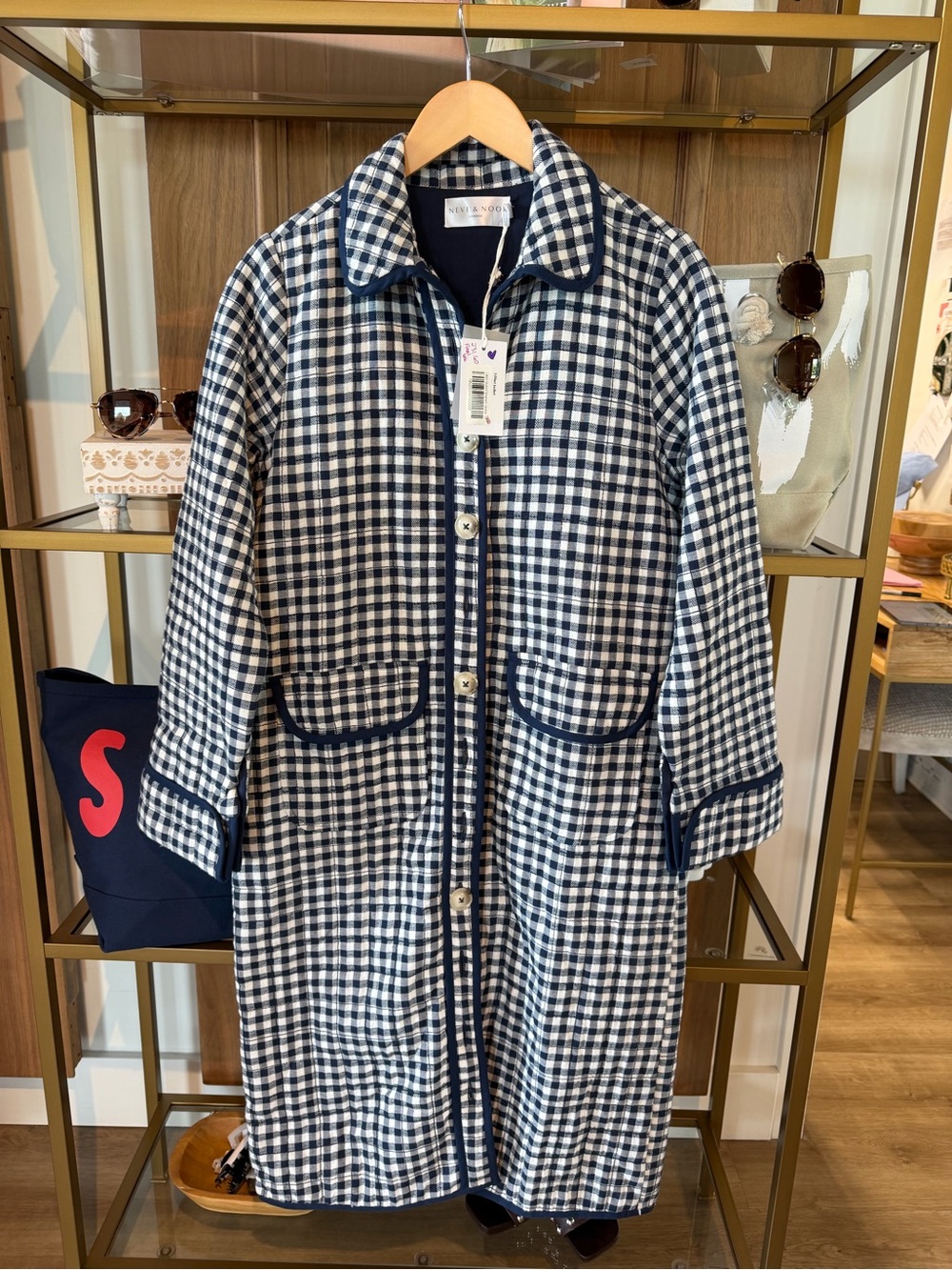 Navy & White Gingham Trench Coat by Neiman Marcus